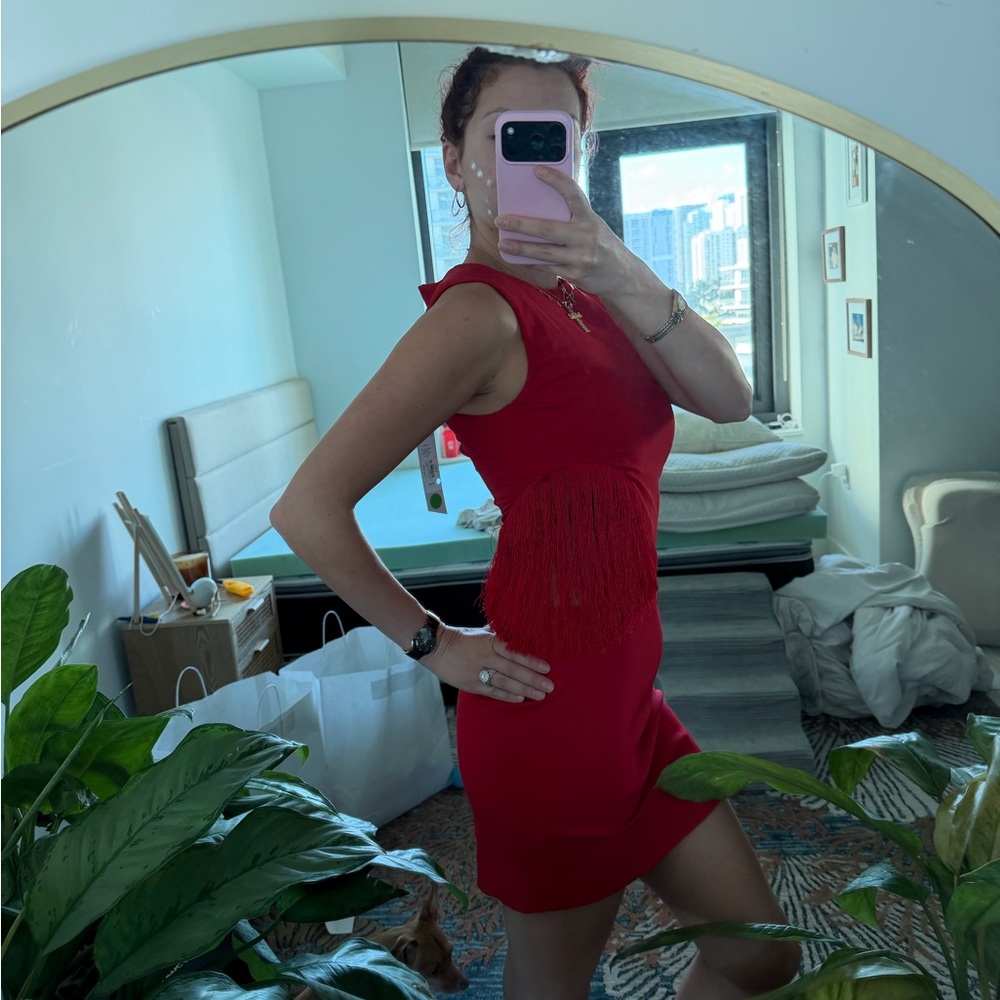 Chic Red Mini Dress with Fringe Detail
